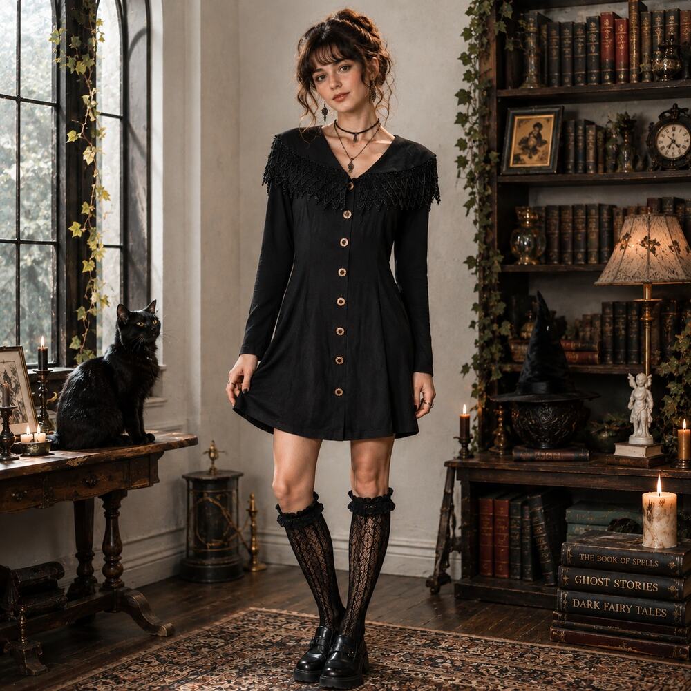 Vintage Knapp Studio 1980 Sz 11/L Long Sleeve Black Dress Lace Collar Whimsygoth